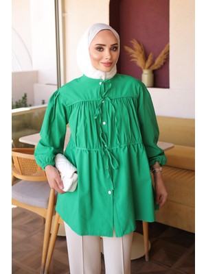 İmaj Butik Yeşil Ön Bağlamalı Büzgülü Gömlek
