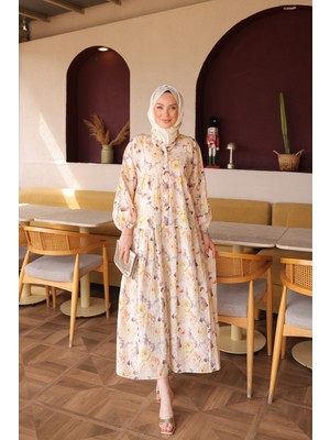 İmaj Butik Sarı Yarım Düğmeli Kol Lastikli Desenli  Elbise