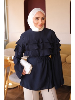 İmaj Butik Lacivert Bel Bağlamalı Katlı Gömlek