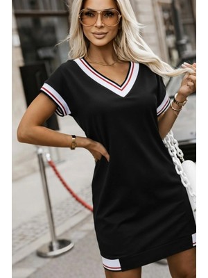 Lune Store Kadın Kısa Kollu V Yakalı Kısa Viskon Iki Iplik Elbise