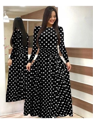 Lune Store Kadın Siyah Tam Boy Beyaz Puantiyeli Elbise
