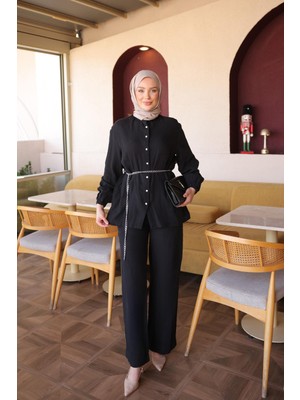 İmaj Butik Siyah Kol Lastikli Düğmeli Tunik Pantolonlu Takım