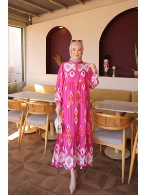 İmaj Butik Fuşya Yarım Düğmeli Kol Lastikli Eteği Katlı Viskon Elbise
