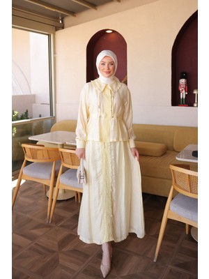 İmaj Butik Sarı Güpür Detaylı Fermuarlı Etekli Ikili Takım