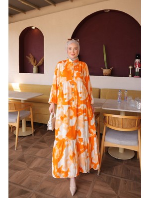 İmaj Butik Orange Yarım Düğmeli Kol Lastikli Eteği Katlı Viskon Elbise