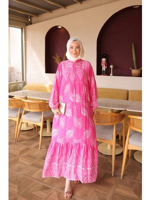 İmaj Butik Pembe Yarım Düğmeli Kol Lastikli Eteği Katlı Viskon Elbise
