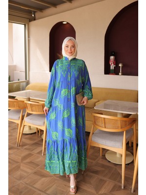 İmaj Butik Saks Mavi Yarım Düğmeli Kol Lastikli Eteği Katlı Viskon Elbise
