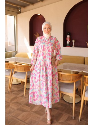 İmaj Butik Pembe Yarım Düğmeli Kol Lastikli Desenli  Elbise