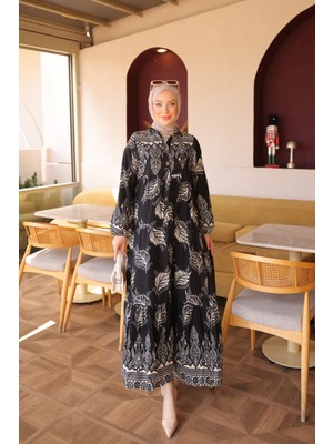 İmaj Butik Siyah Yarım Düğmeli Kol Lastikli Eteği Katlı Viskon Elbise