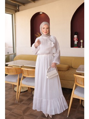 İmaj Butik Taş Kol Lastikli Bronş Detaylı Bluz Etekli Takım