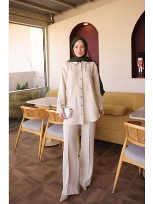 İmaj Butik Taş Gömlek Yaka Garni Detaylı Tunik Pantolon Takım