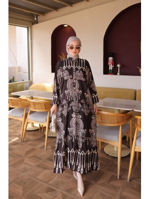 İmaj Butik Acı Kahve Yarım Düğmeli Kol Lastikli Eteği Katlı Viskon Elbise