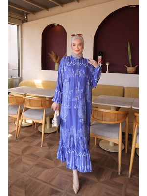 İmaj Butik Mavi Yarım Düğmeli Kol Lastikli Eteği Katlı Viskon Elbise