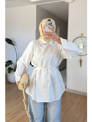 İmaj Butik Ekru Biye Bağcıklı Salaş Tunik