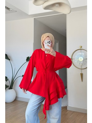 İmaj Butik Kırmızı Eteği Volanlı Bel Bağlamalı Tunik