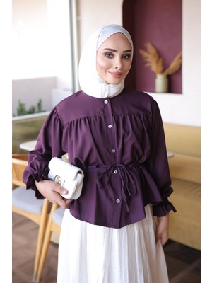 İmaj Butik Mürdüm Kol Lastikli Bel Bağlamal Gömlek