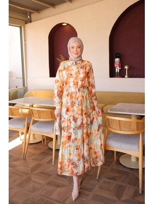 İmaj Butik Bej Yarım Düğmeli Kol Lastikli Eteği Katlı Elbise