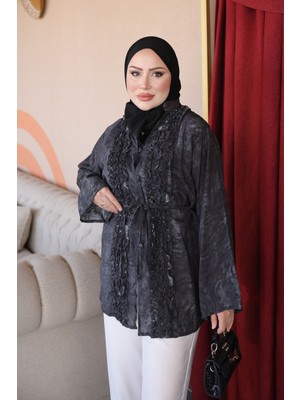 İmaj Butik Antrasit Bel Bağlamalı Fırfırlı Desenli Gömlek