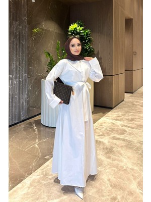 İmaj Butik Ekru Yaka Detaylı Poplin Elbise