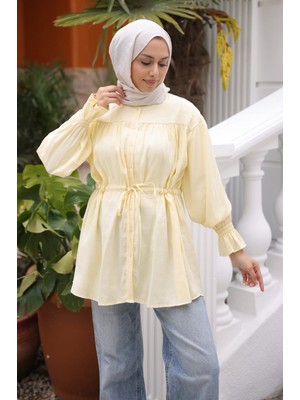İmaj Butik Sarı Düğmeli Kol Lastikli Bel Ip Bağlamalı Modal Dokuma Gömlek