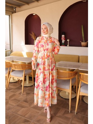 İmaj Butik Oranj Yarım Düğmeli Kol Lastikli Eteği Katlı Elbise