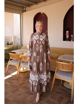 İmaj Butik Vizon Yarım Düğmeli Kol Lastikli Eteği Katlı Viskon Elbise