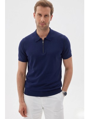 Odelon Lımıted Düz Fermuarlı Polo Yaka Rayon Erkek Lacivert Triko Tişört