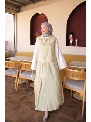 İmaj Butik Olive Fermuarlı Yelek Etekli Takım