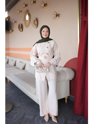 İmaj Butik Taş Önü Düğmeli Kuşaklı Tunik Pantolonlu Takım