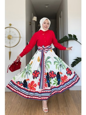 İmaj Butik Kırmızı Desenli Gömlek Etekli Takım