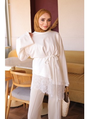 İmaj Butik Ekru Eteği Dantel Detaylı Bel Bağlamalı Tunik
