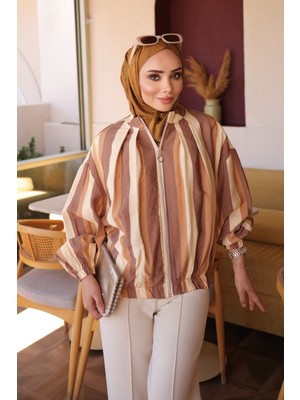 İmaj Butik Kahverengi Fermuarlı Kol Lastikli Ceket