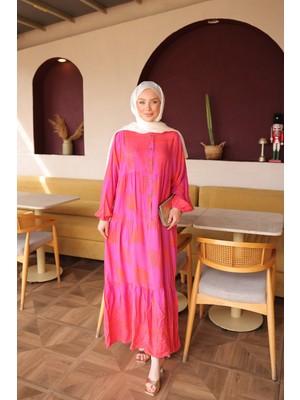 İmaj Butik Fuşya Yarım Düğmeli Kol Lastikli Eteği Katlı Viskon Elbise