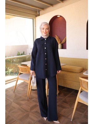 İmaj Butik Lacivert Gömlek Yaka Garni Detaylı Tunik Pantolon Takım