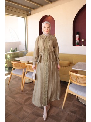 İmaj Butik Haki Güpür Detaylı Fermuarlı Etekli Ikili Takım