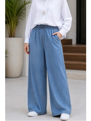 İmaj Butik Mavi Bel Lastikli Geniş Paça Tencel Pantolon