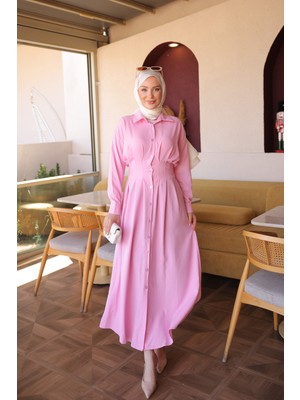 İmaj Butik Pembe Düğmeli Bel Pensli Elbise