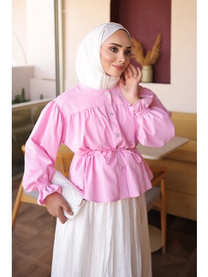 İmaj Butik Pembe Kol Lastikli Bel Bağlamal Gömlek