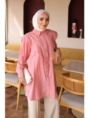 İmaj Butik Pudra Ön Detaylı Kol Bağlamalı Tunik