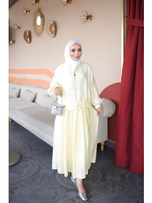 İmaj Butik Sarı Büzgü Bel Detaylı Fermuarlı Gömlek Etekli Takım