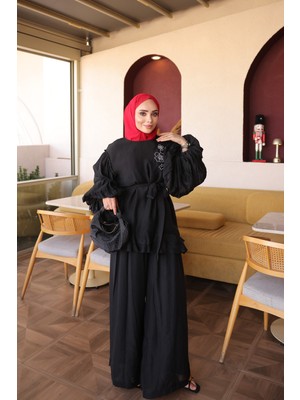 İmaj Butik Siyah Bel Bağlamalı Balon Kol Fırfırlı Tunik Pantolonlu Takım