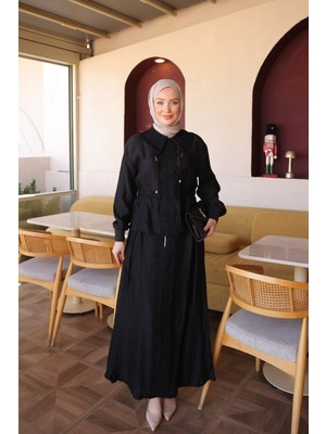İmaj Butik Siyah Güpür Detaylı Fermuarlı Etekli Ikili Takım