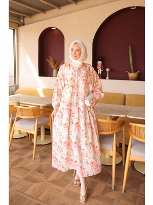 İmaj Butik Pembe Yarım Düğmeli Kol Lastikli Desenli  Elbise