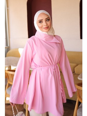 İmaj Butik Pembe Yan Yaka Bel Ip Bağlamalı Poplin Gömlek