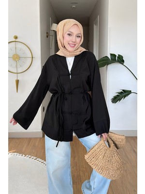 İmaj Butik Siyah Bağcıklı Geniş Kol Kimono
