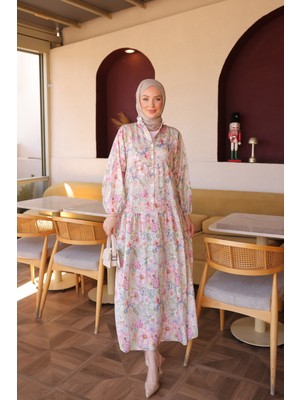 İmaj Butik Pembe Yarım Düğmeli Kol Lastikli Desenli  Elbise