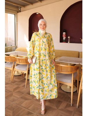 İmaj Butik Sarı Yarım Düğmeli Kol Lastikli Desenli  Elbise