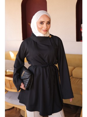 İmaj Butik Siyah Yan Yaka Bel Ip Bağlamalı Poplin Gömlek