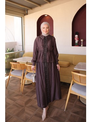 İmaj Butik Kahverengi Güpür Detaylı Fermuarlı Etekli Ikili Takım