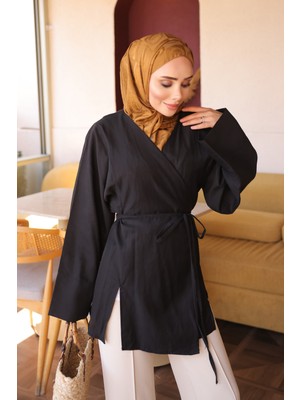 İmaj Butik Siyah Ön Bağlamalı Kimono